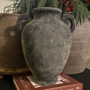 Rustic Textured Black/Grey Ceramic Vintage Style Vase With Handles